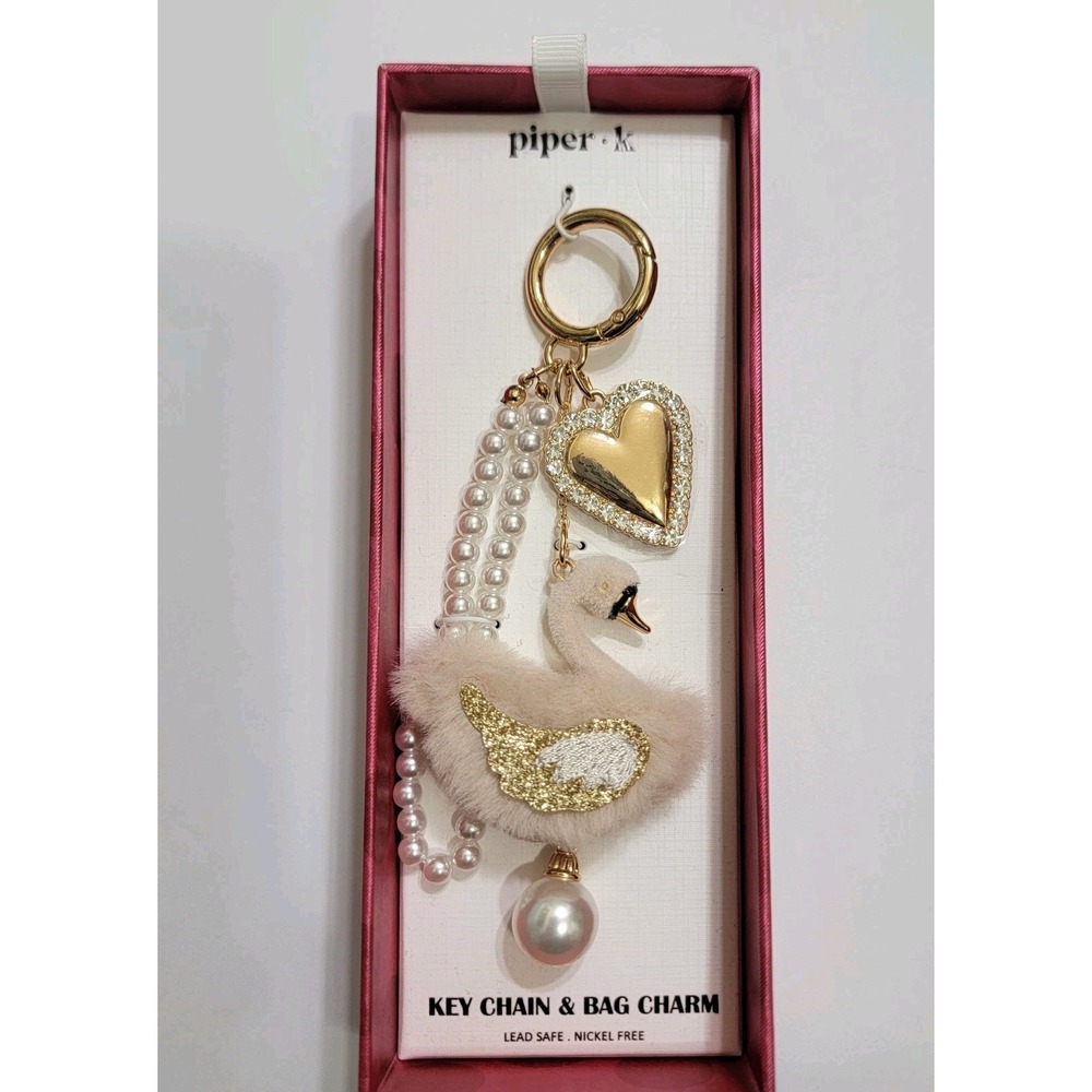 Piper K Swan Pearls Keychain Bag Charm Chain Gold Heart Rhinestones Boxed Gift